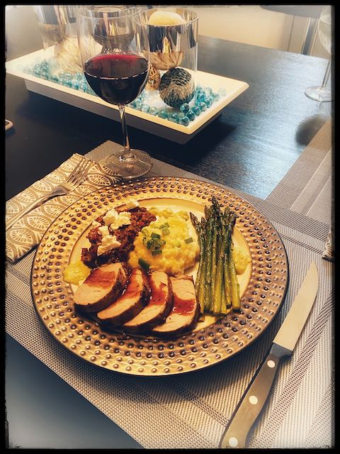 Pork Tenderloin with Balsamic Glaze, Turkish Eggplant, Roasted Asparagus and Pommes de&nbsp;Terre